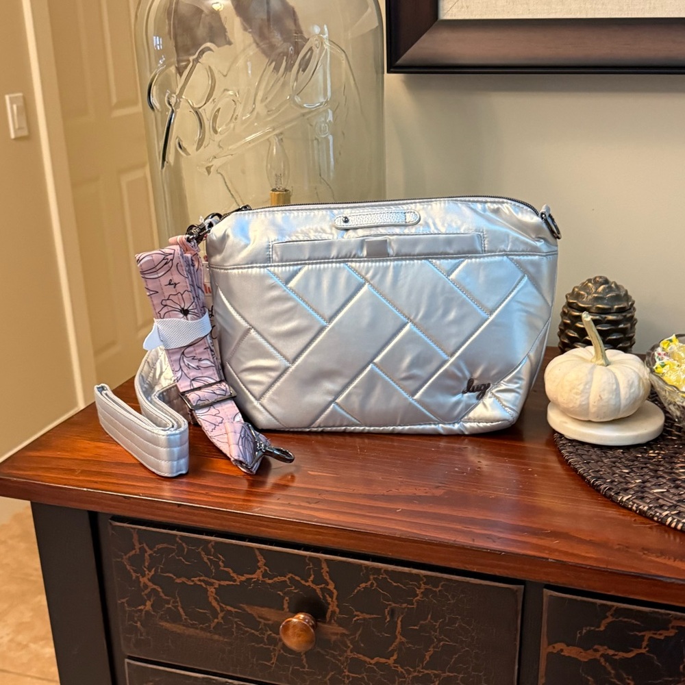 LUG women’s Flare 2 Crossbody Bag with TWO straps In Metallic Silver